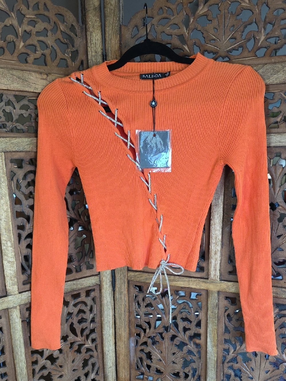 Balboa Orange Ribbed Lace-Up Long Sleeve Top
